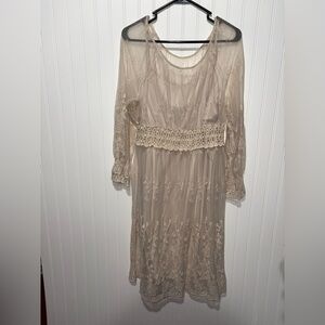 Vintage Pinky Elegant Lace Dress with Sheer Sleeves| Size  Large